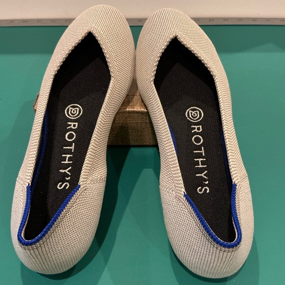 Rothy's The Flat Pointed Knit Ballet Flats in Cream with Blue Trim - Picture 4 of 6